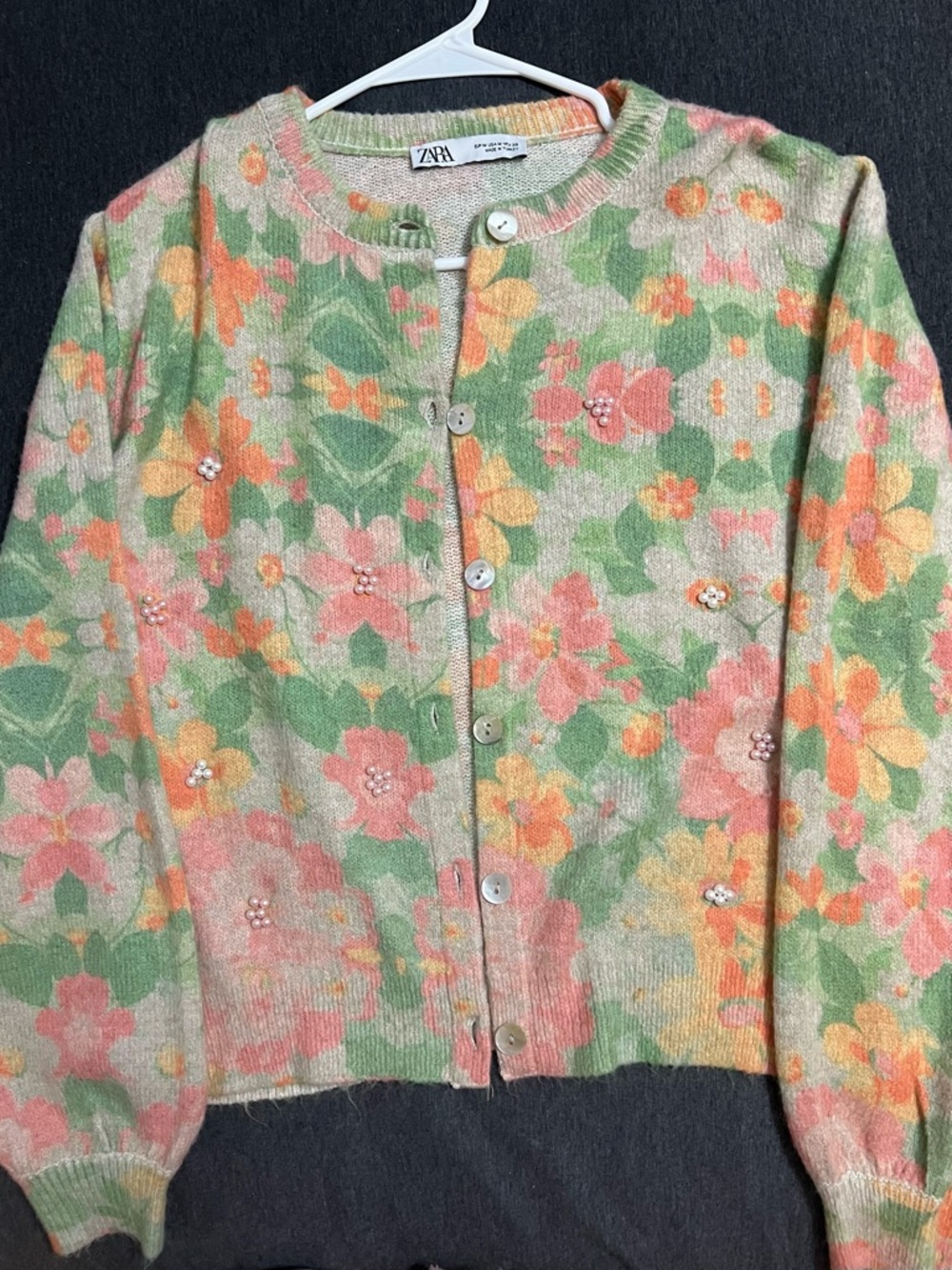 ZARA Floral Button-Up Cardigan Sweater - Green, Pink, Peach
